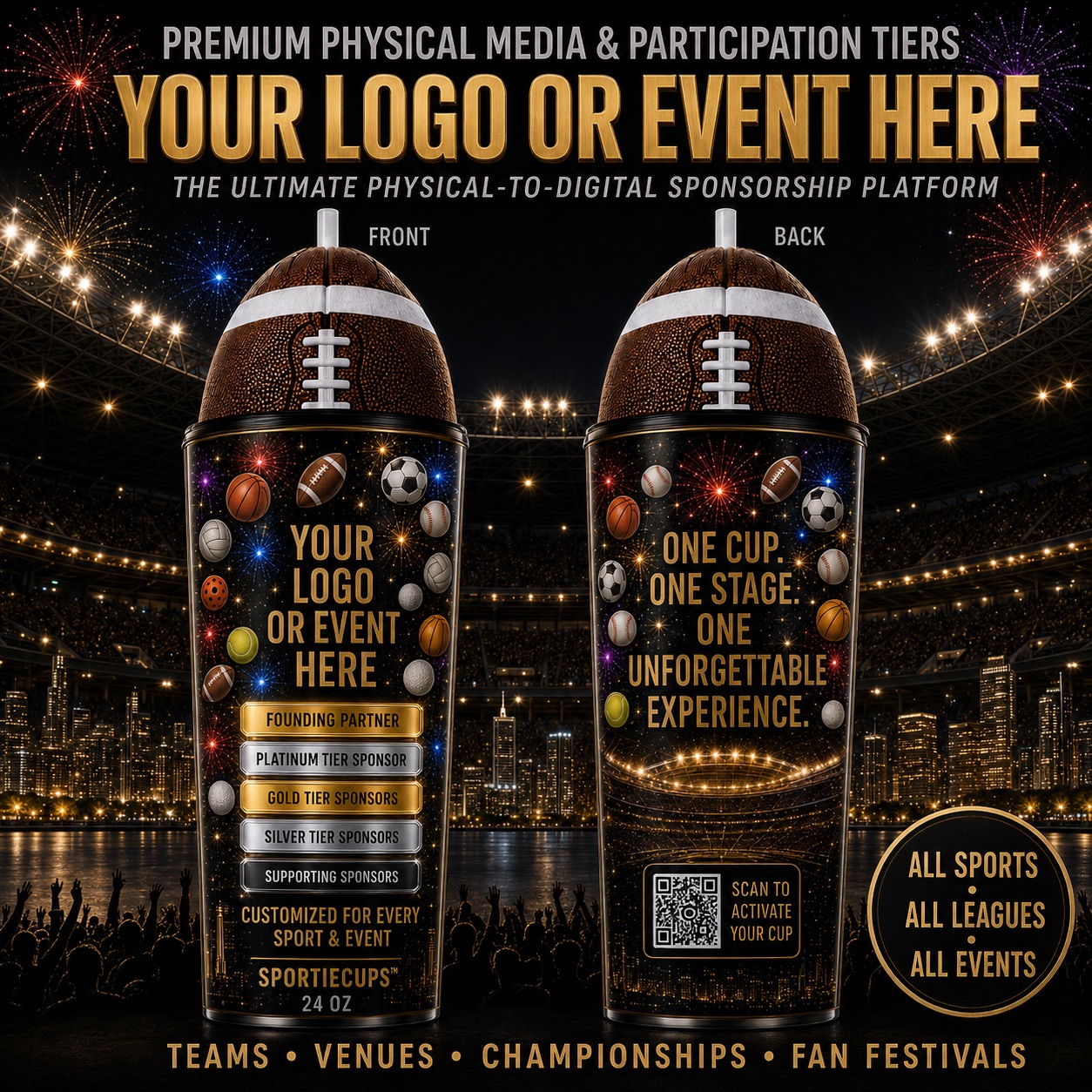 SportieCups premium physical media and participation tiers — football topper cup, front and back