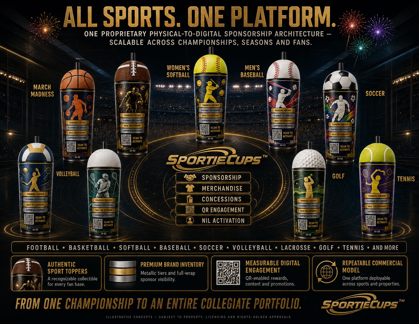 SportieCups all sports one platform — football, basketball, softball, baseball, soccer, volleyball, lacrosse, golf and tennis toppers