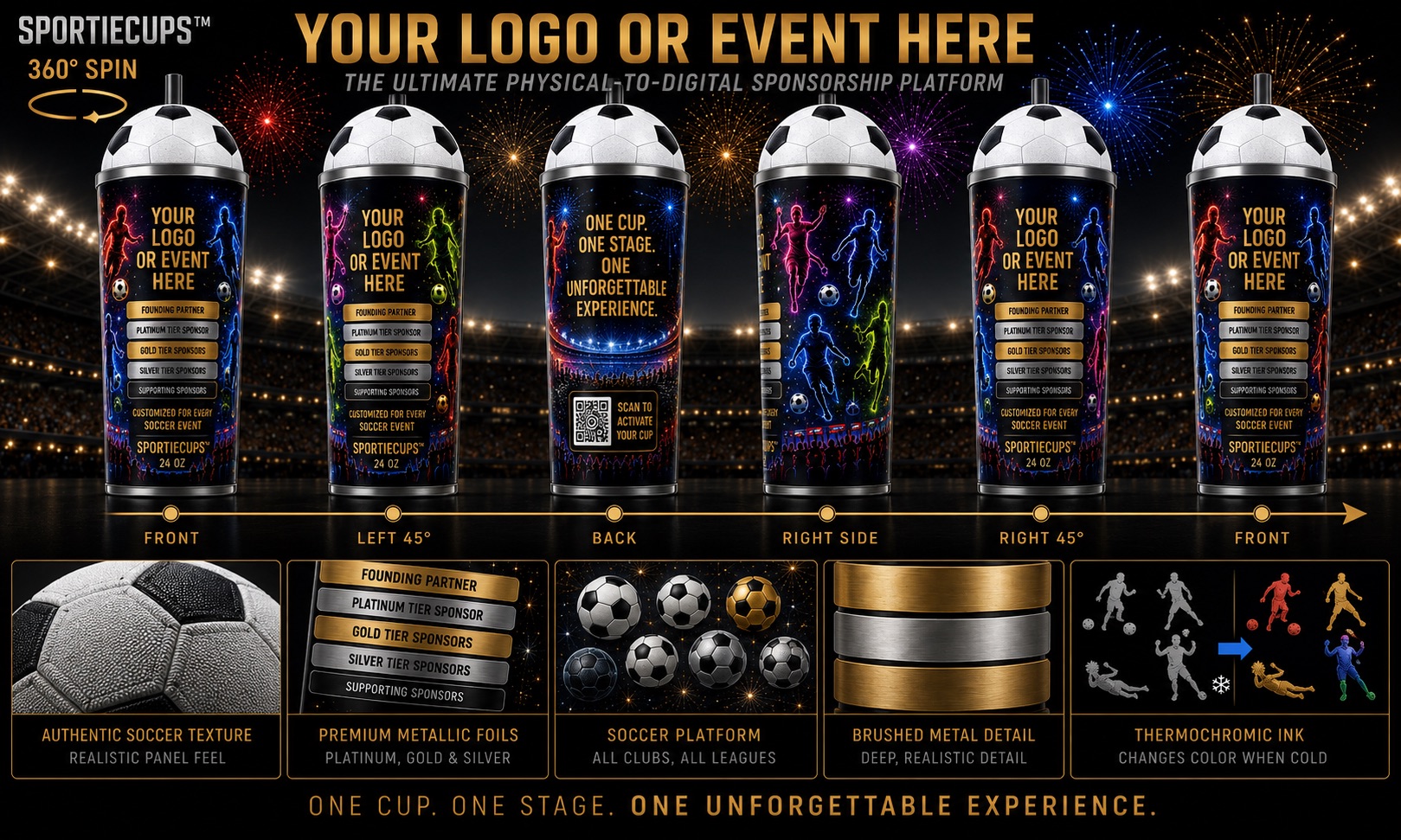SportieCups soccer 360 degree spin demonstration showing authentic soccer texture, metallic foils, sponsor tiers, brushed metal detail and thermochromic ink